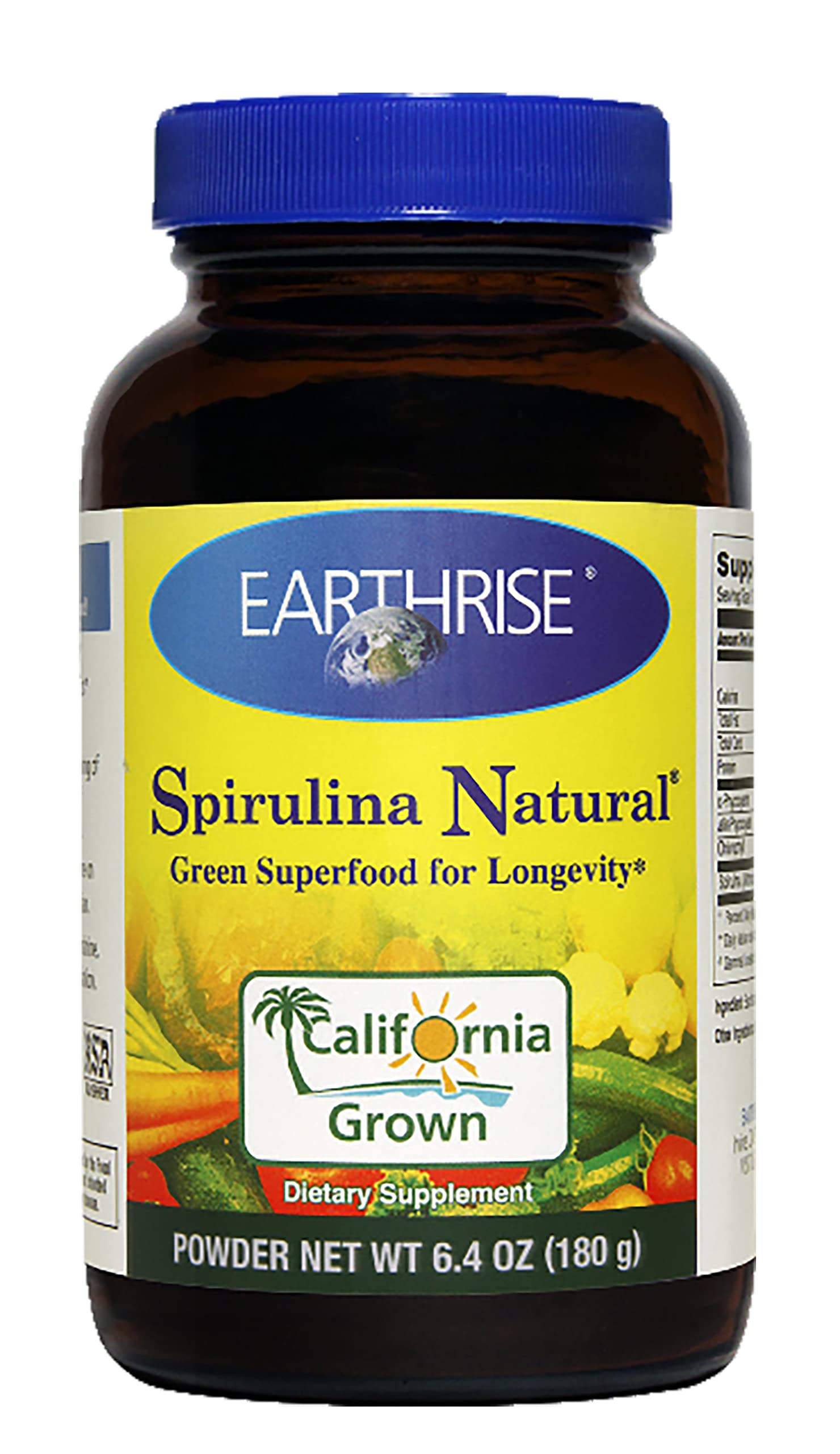 Earthrise Spirulina powder jar 180g, a vibrant daily greens boost for smoothies or bowls.