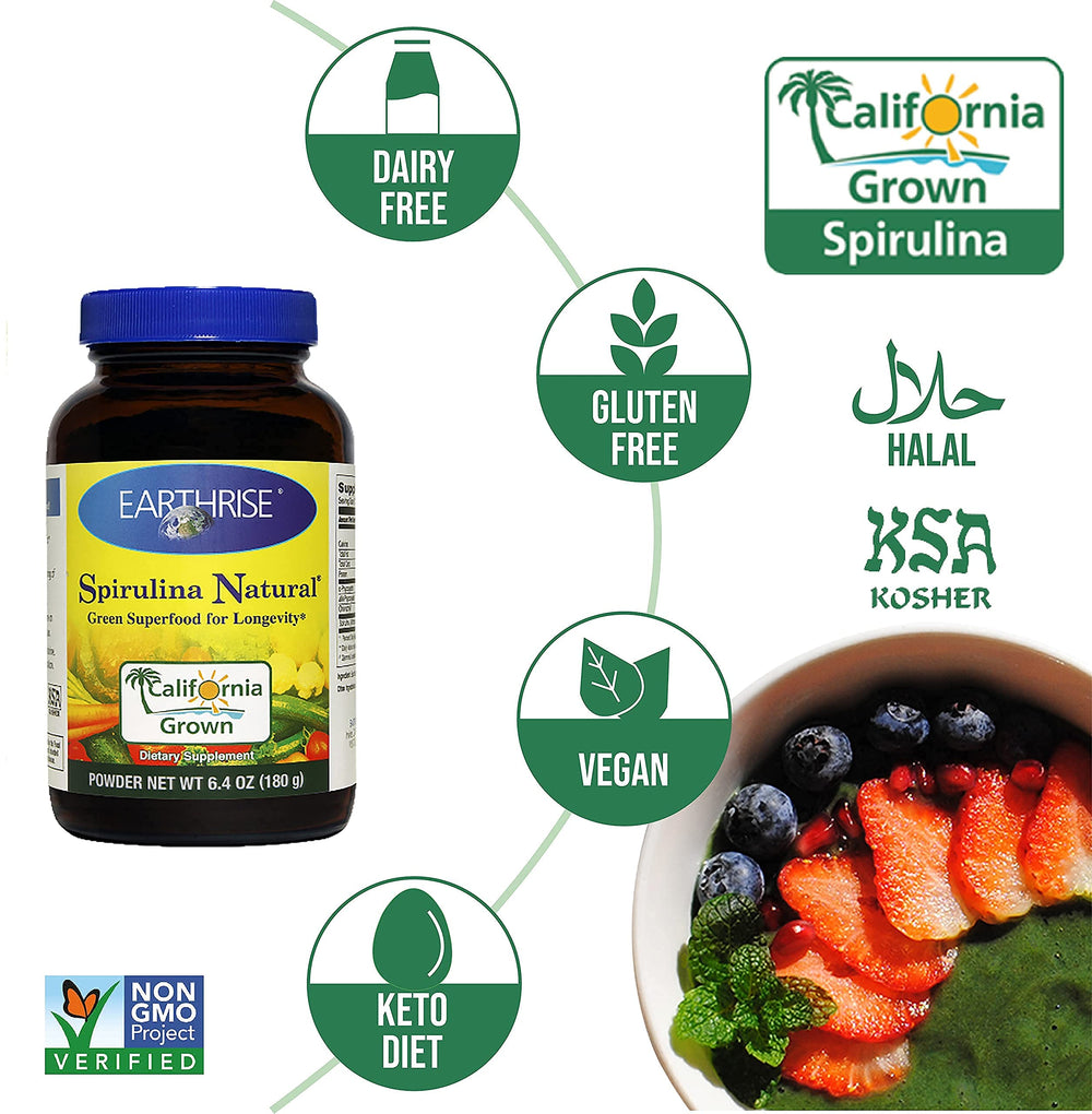 Earthrise Spirulina powder nutrition label showcases clean sourcing and clear ingredient details.