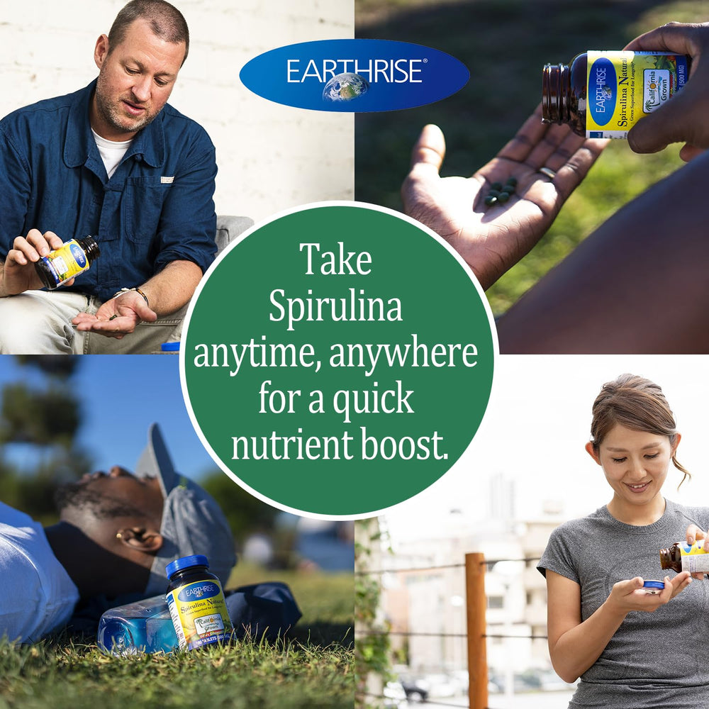 Earthrise spirulina glass bottle on kitchen counter with natural light and fresh feel.