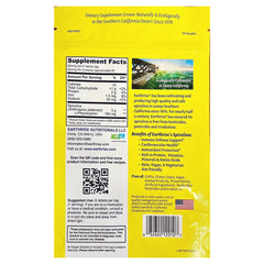 Earthrise spirulina label close-up highlighting California grown, non-GMO ingredients for purity.