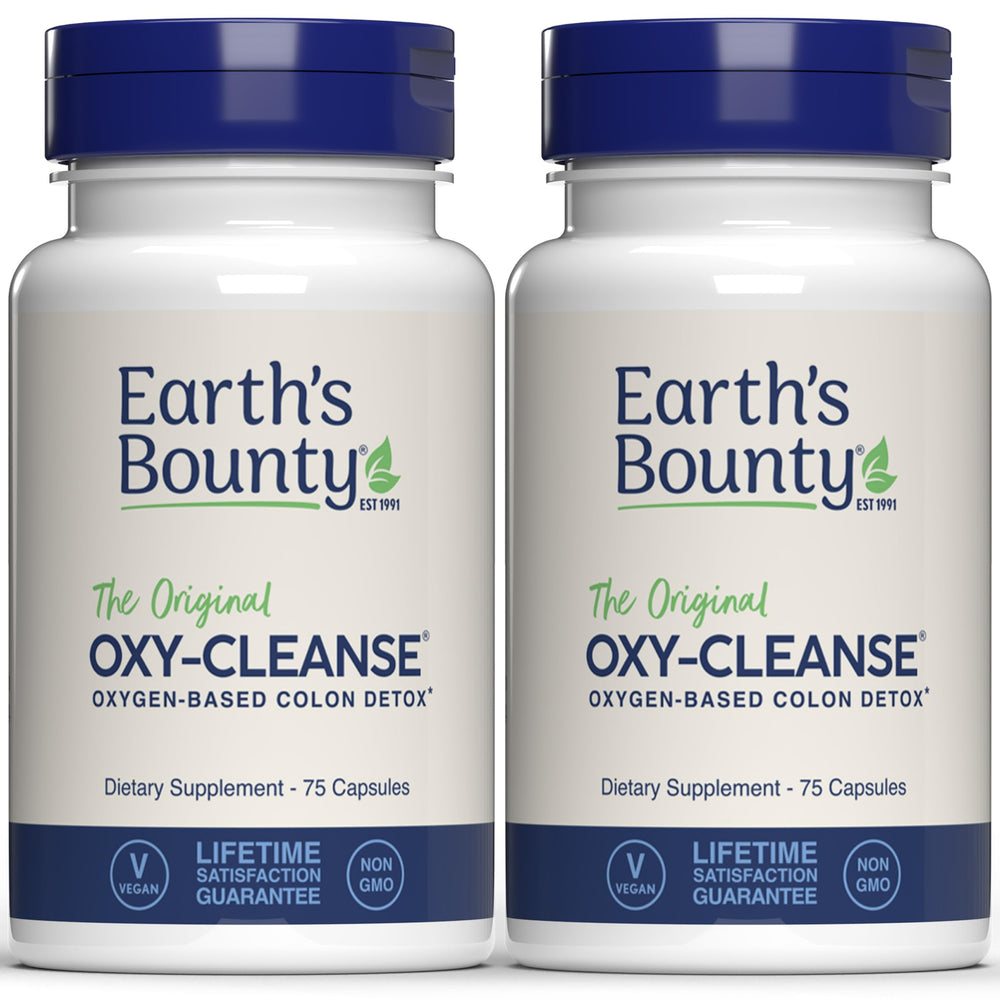 Earth's Bounty Oxy-Cleanse bottle and capsules for gentle daily colon support.