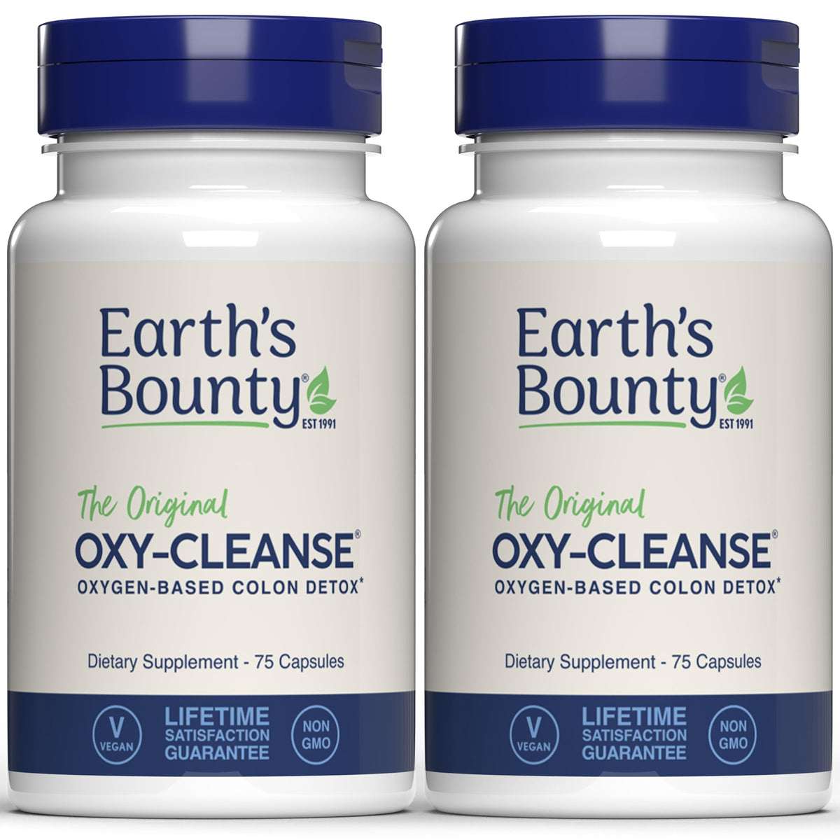 Earth's Bounty Oxy-Cleanse bottle and capsules for gentle daily colon support.