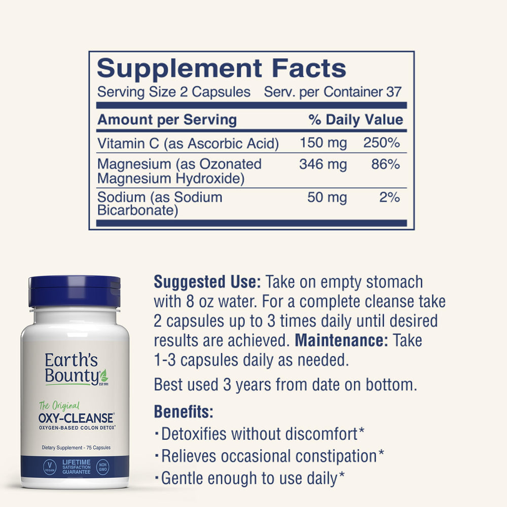 Earth's Bounty Oxy-Cleanse capsules close-up, easy-to-swallow daily use.