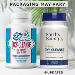 Earth's Bounty Oxy-Cleanse label detail highlighting oxygen-powered cleansing concept and dosage.