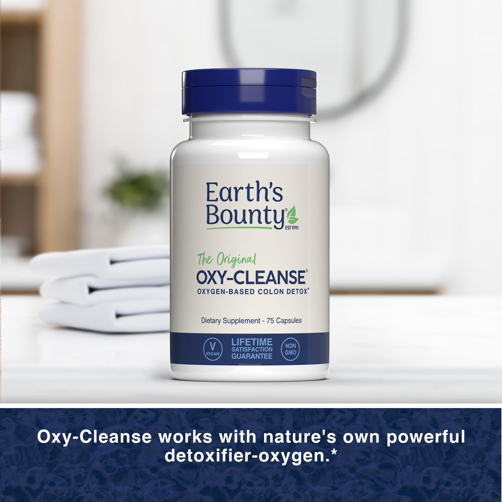 Earth's Bounty Oxy-Cleanse non-habit forming note on packaging for gentle daily support.