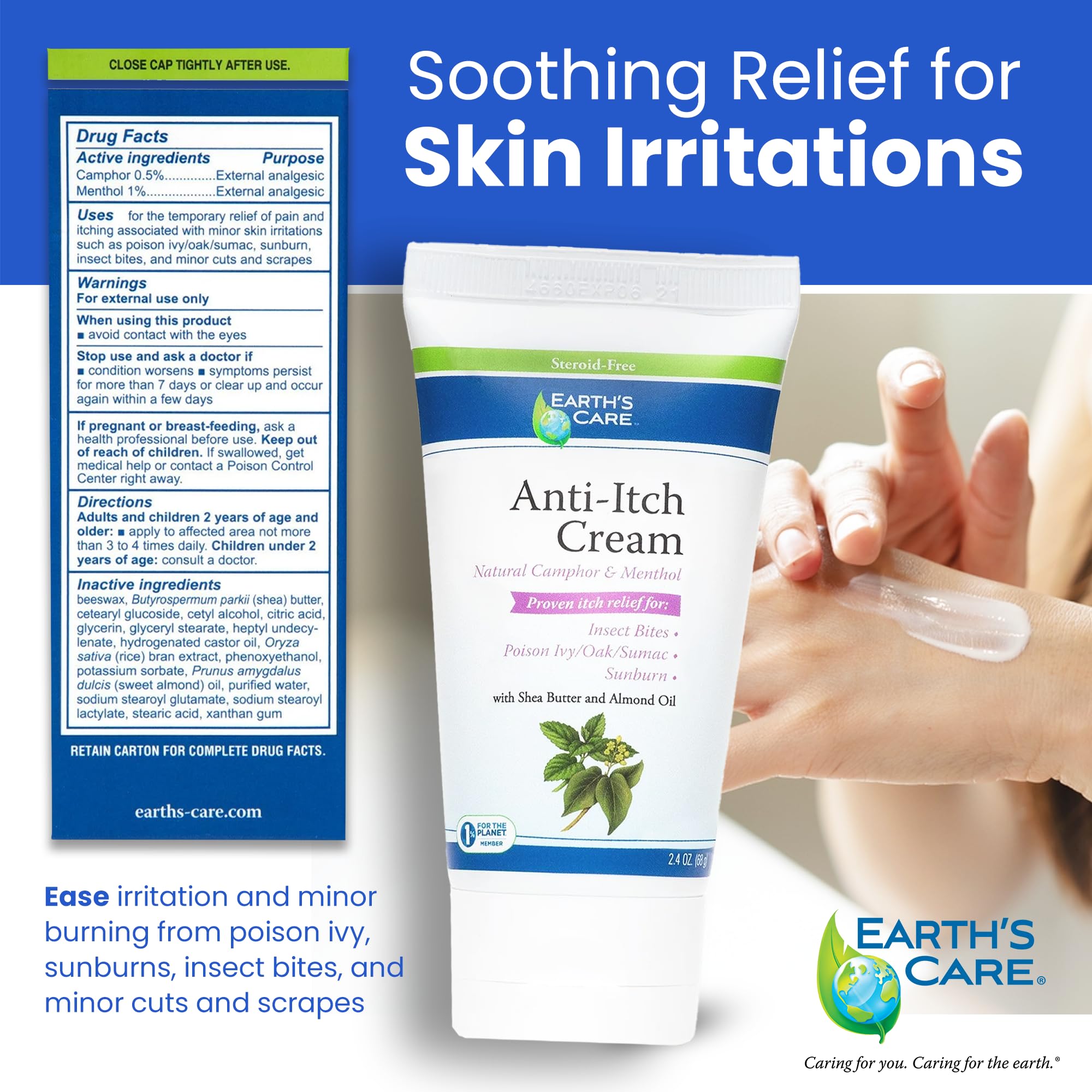 Hands applying Earth’s Care Anti Itch Cream on irritated skin for comfort.