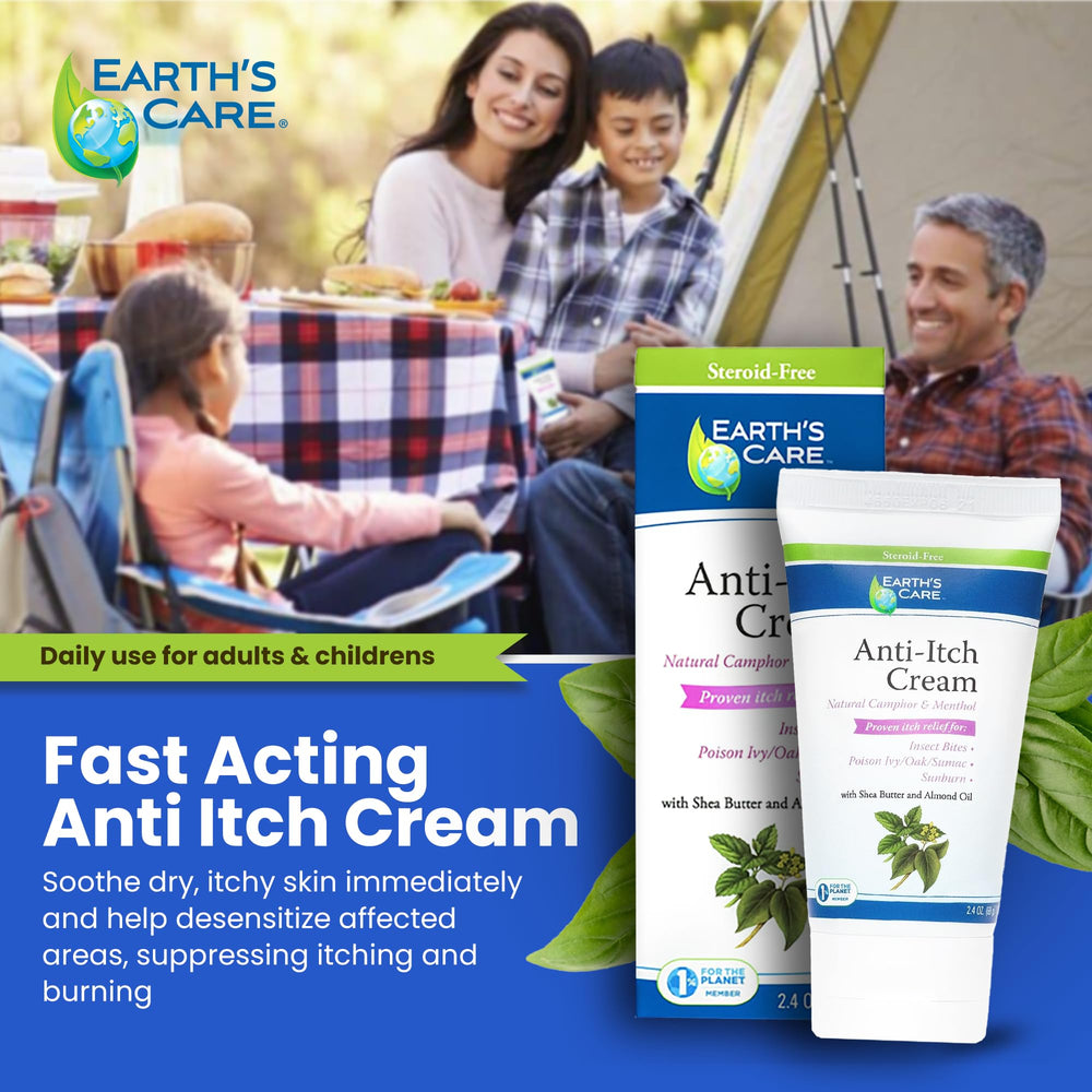 Earth's Care Anti Itch Cream bottle with pump showing easy, mess-free application.