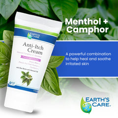 Close-up of menthol-camphor formula in Earth’s Care Anti Itch Cream for soothing action.