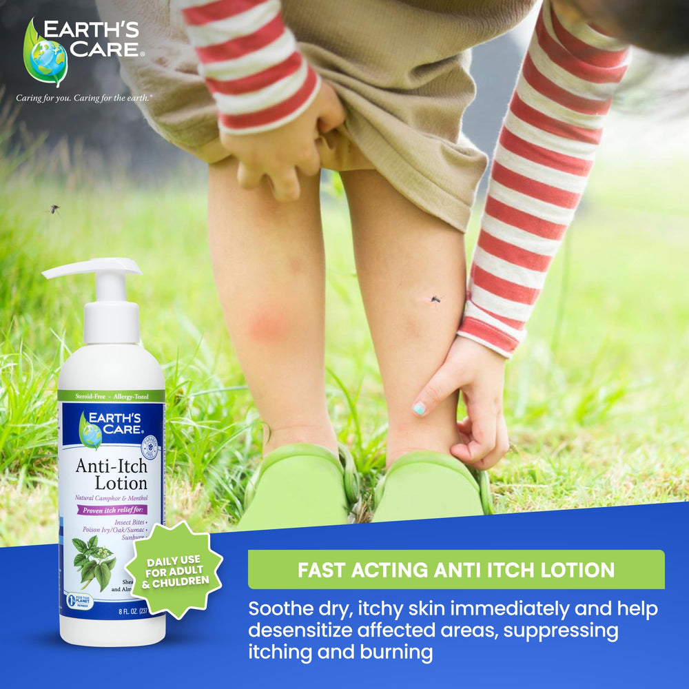 Earth's Care Anti Itch Lotion applied on arm for immediate itch relief.