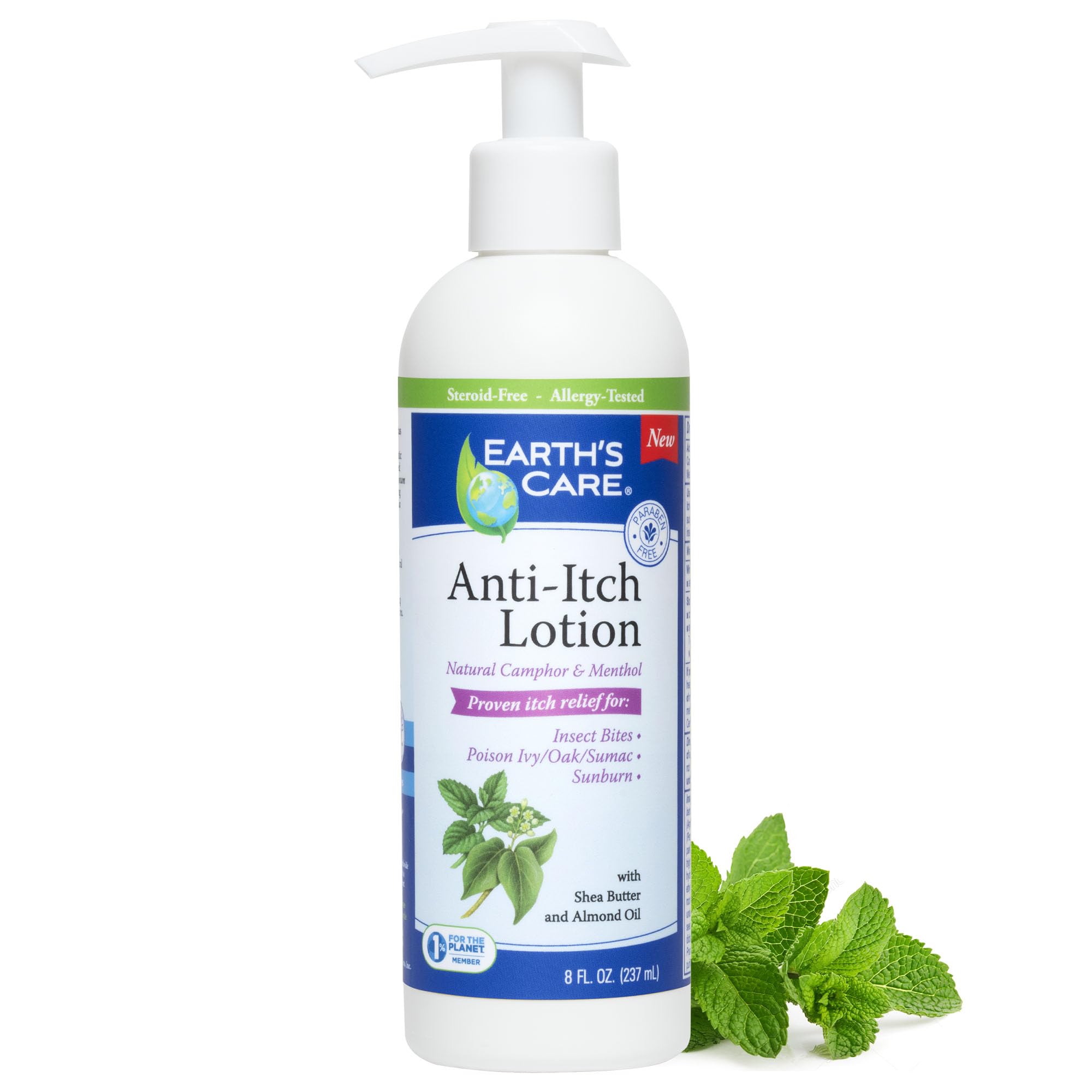 Earth's Care Anti Itch Lotion bottle front view with soothing menthol and camphor.