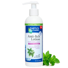 Earth's Care Anti Itch Lotion bottle front view with soothing menthol and camphor.