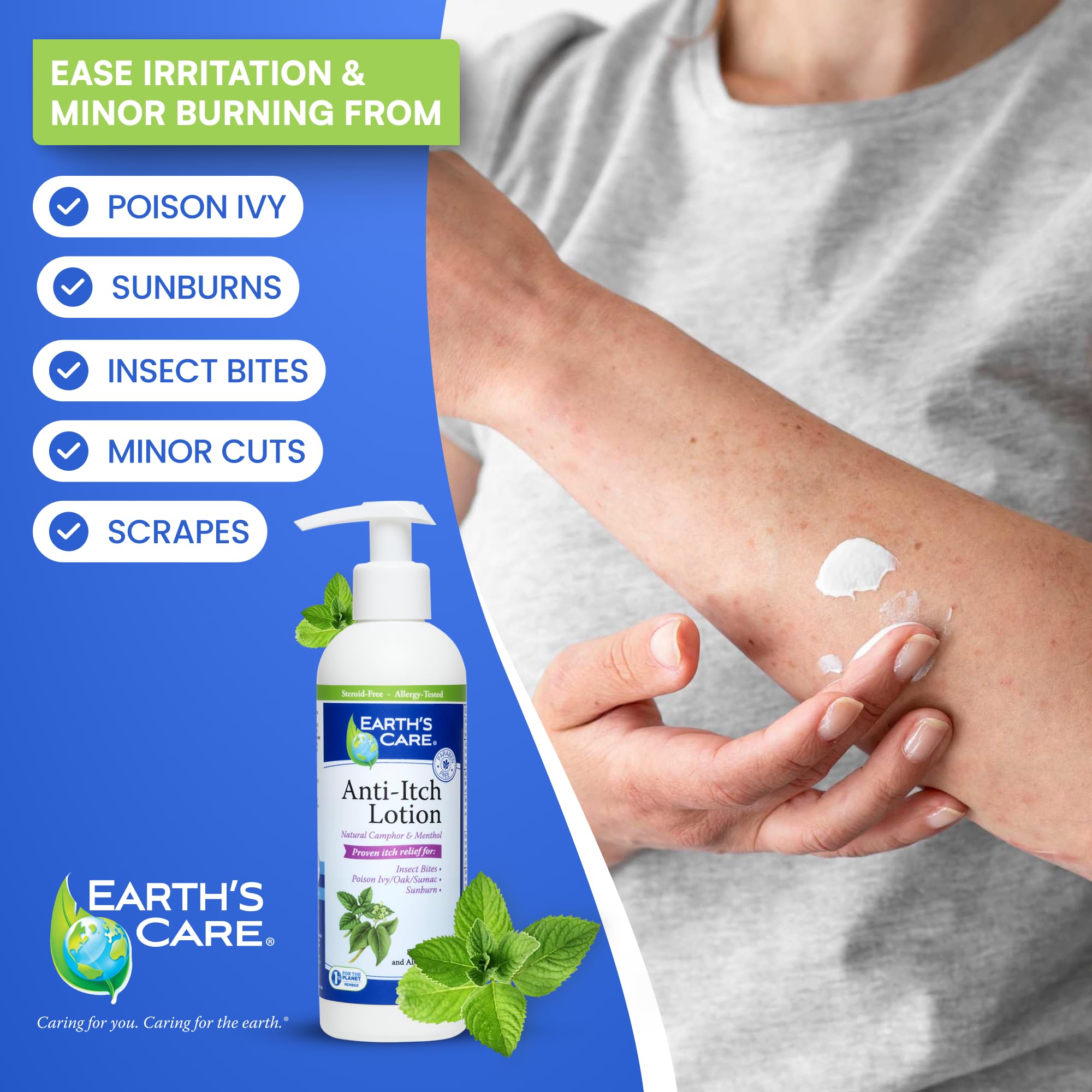 Earth's Care Anti Itch Lotion ingredients label highlighting steroid-free formula.