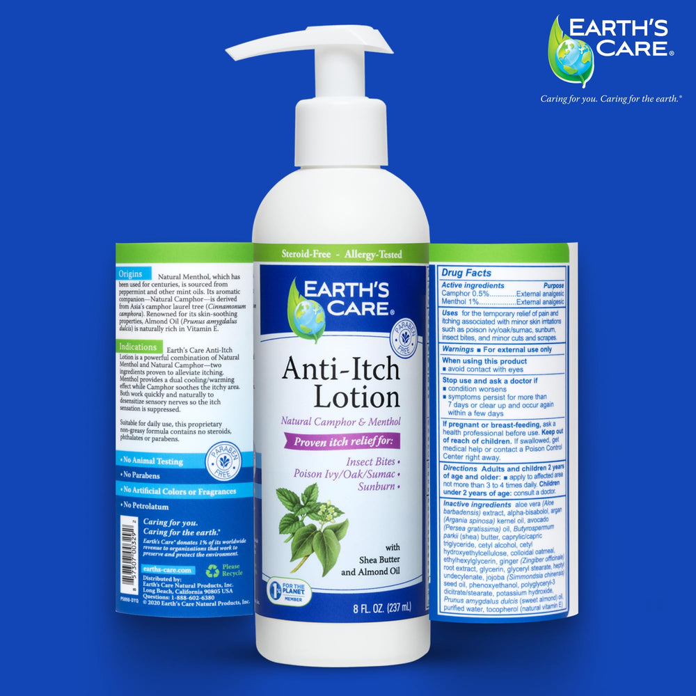 Earth's Care Anti Itch Lotion texture shown as non-greasy and fast-absorbing.