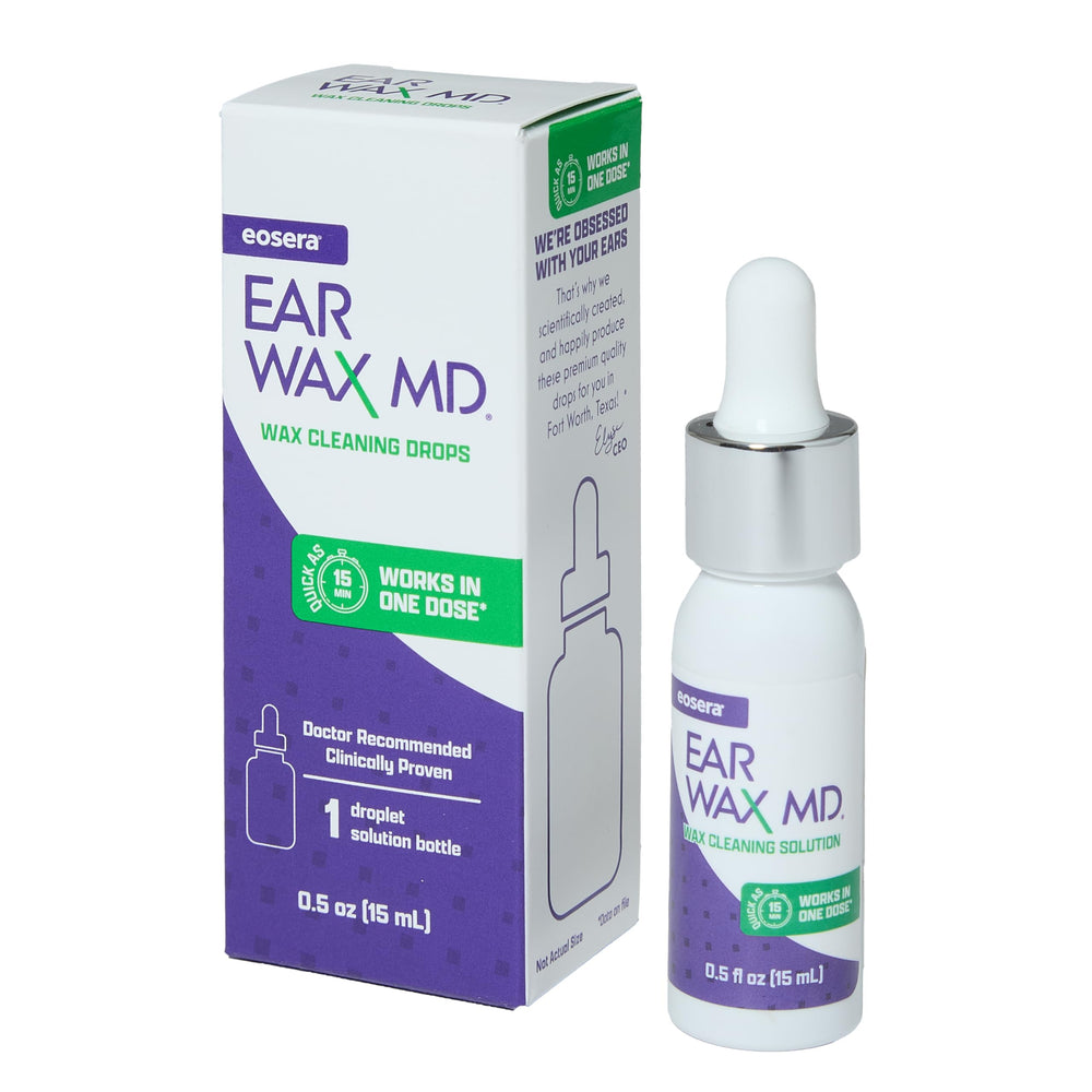 eosera Ear Wax MD Drops bottle with dropper for fast earwax cleanup.