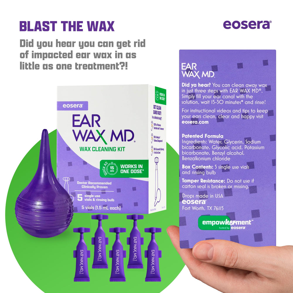Ear Wax MD eosera three-step process image showing drop, wait, and wash usage