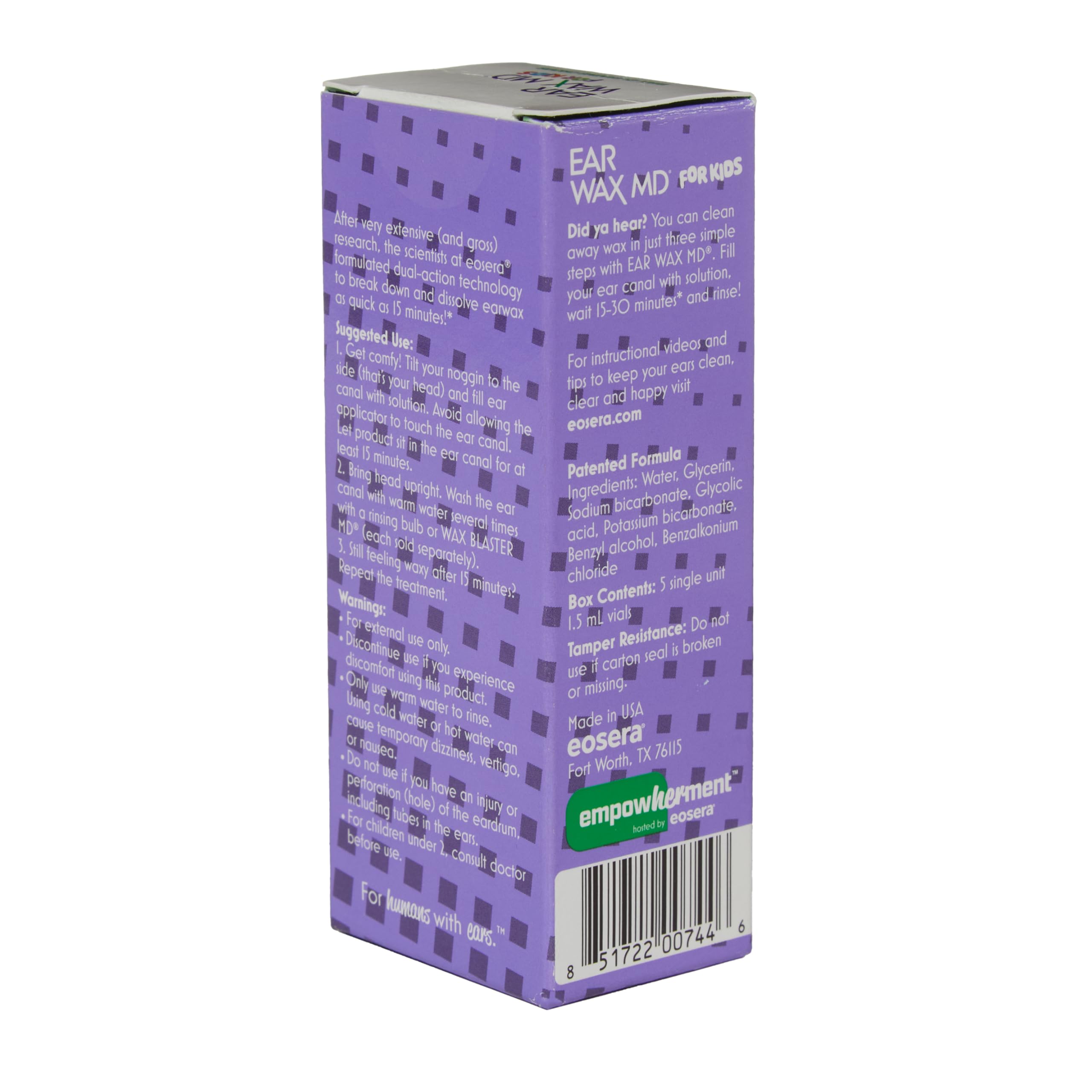 Etiqueta hecha en Estados Unidos en Ear Wax MD para Niños.