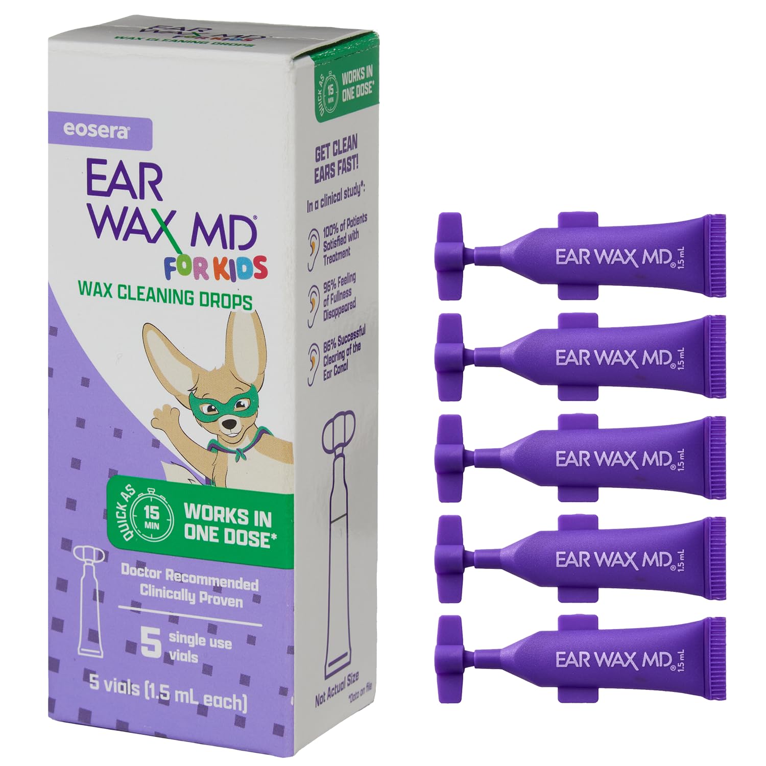 Ear Wax MD para Niños, gota frente, limpieza suave en minutos.
