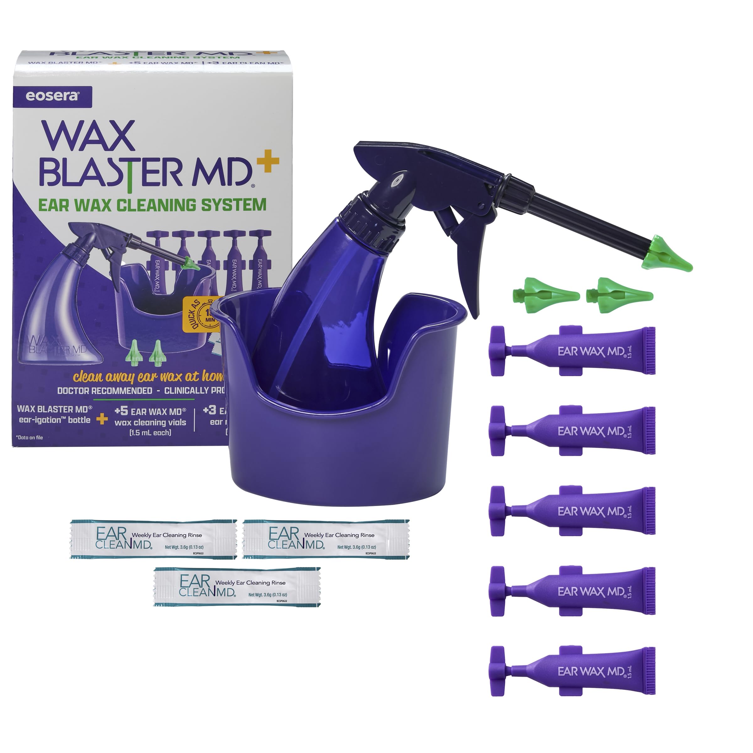 Earwax MD Wax Blaster MD+ bottle shown for at-home ear cleaning