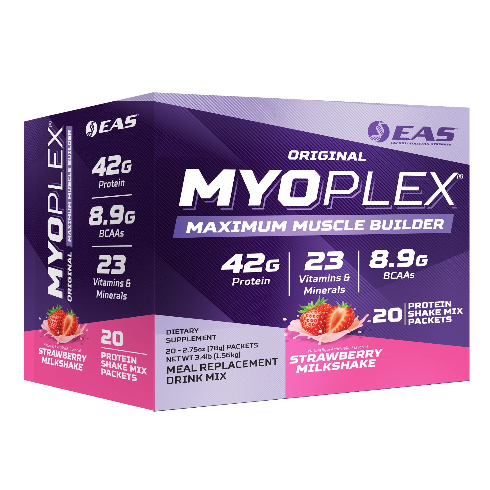 EAS Myoplex bottle illustrates a high‑protein meal replacement after workouts.