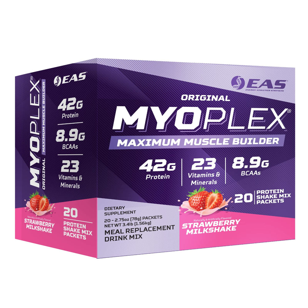 EAS Myoplex bottle illustrates a high‑protein meal replacement after workouts.