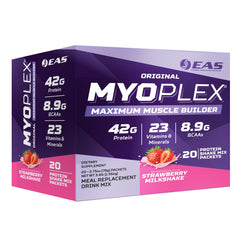 EAS Myoplex bottle illustrates a high‑protein meal replacement after workouts.