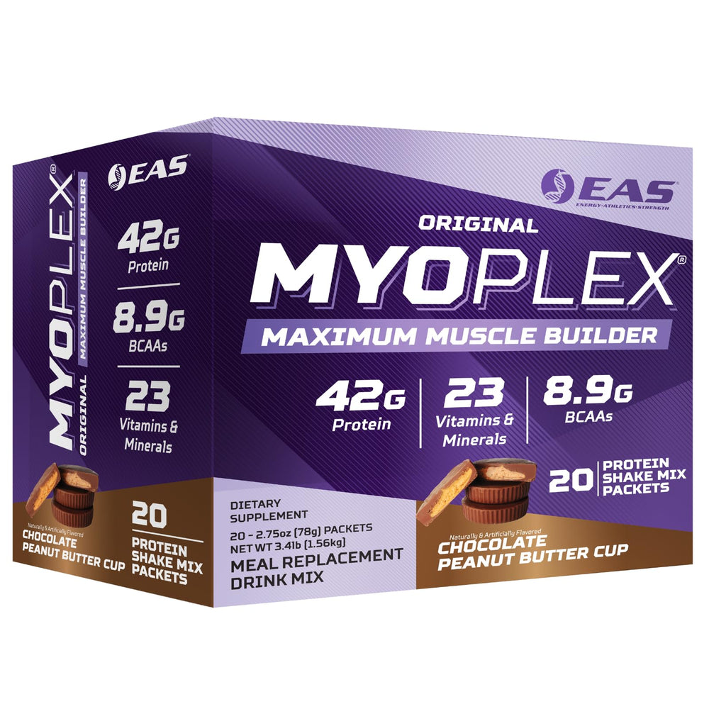 EAS Original Myoplex Maximum Muscle Builder tub in Chocolate Peanut Butter Cup for high-protein meals
