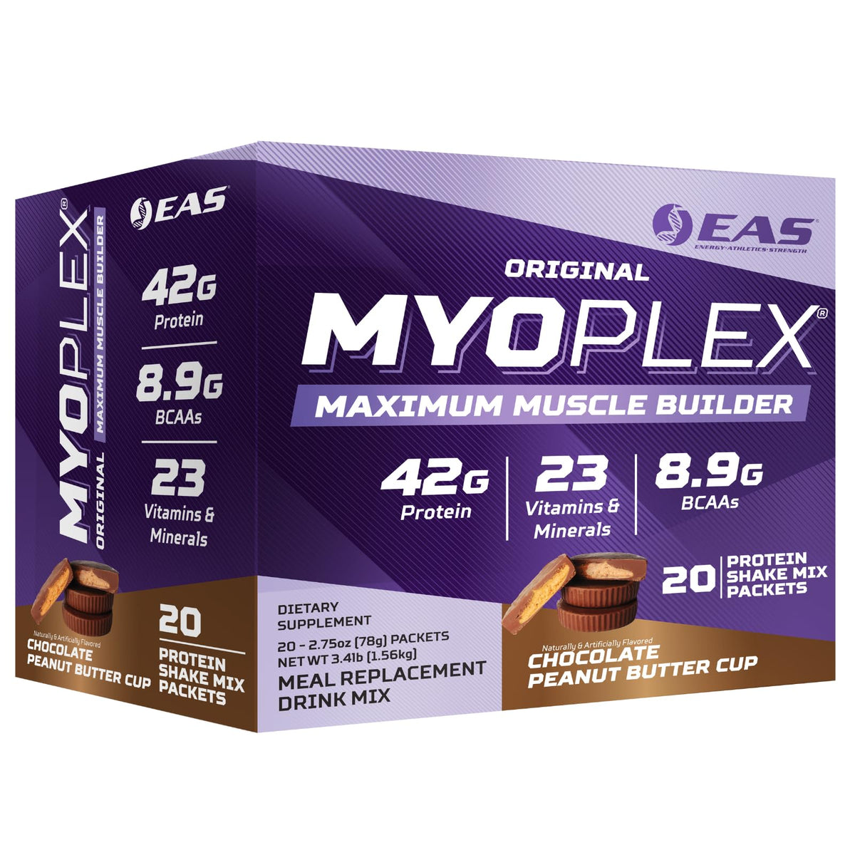 EAS Original Myoplex Maximum Muscle Builder tub in Chocolate Peanut Butter Cup for high-protein meals