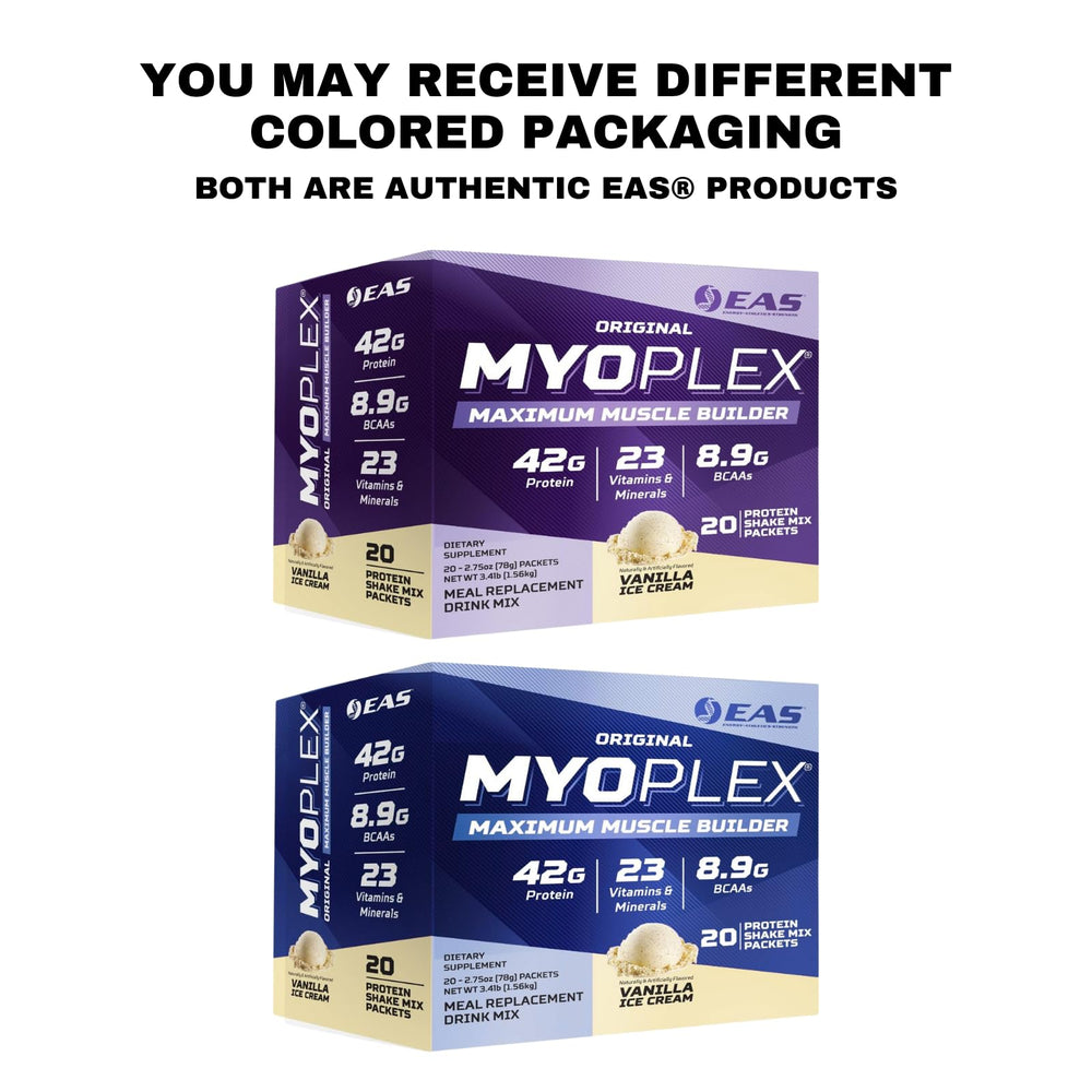 EAS Original Myoplex nutrition facts panel highlights vitamins and minerals for daily energy.