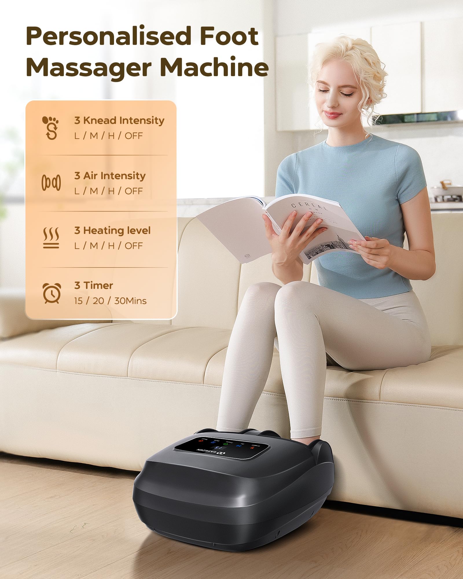 EaseZen foot massager heat function showing customizable warmth for comfort.