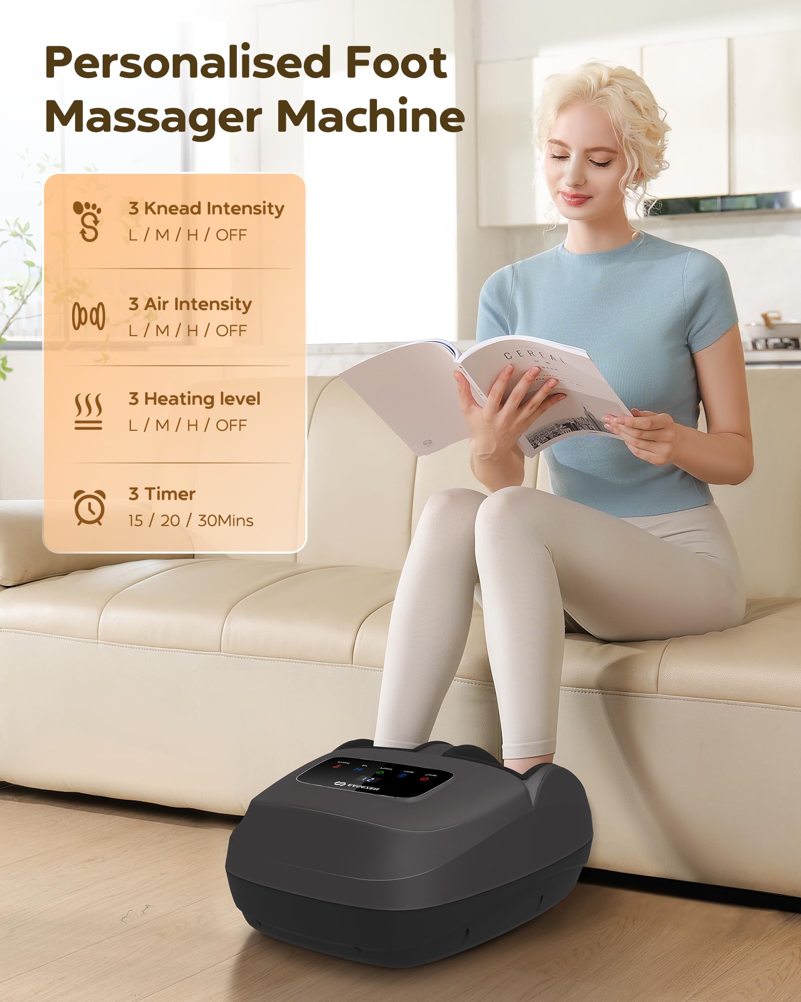 EaseZen foot massager heat function delivering targeted warmth to feet and instep.