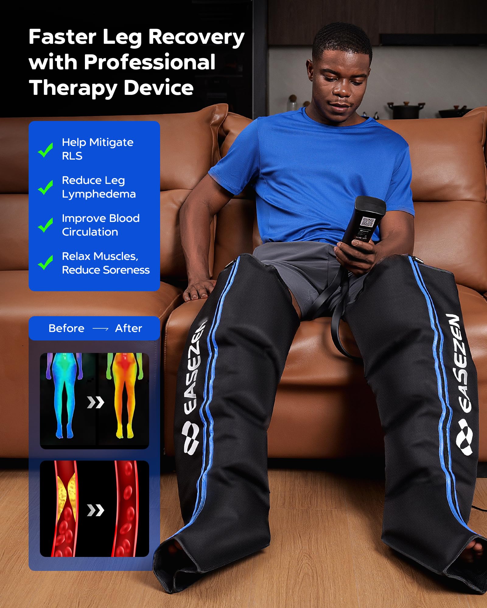 EaseZen on the thigh shows full-leg coverage for comprehensive recovery sessions.