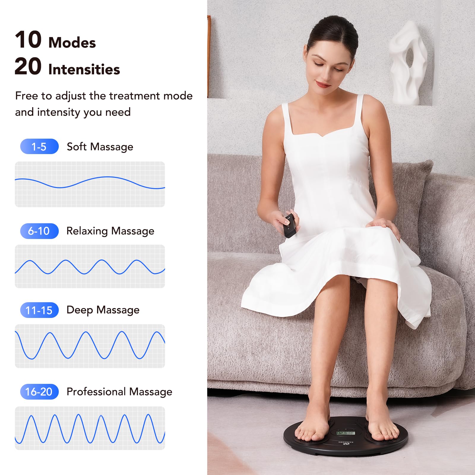 EaseZen remote-control-with-lcd-display enables quick mode and intensity adjustments.