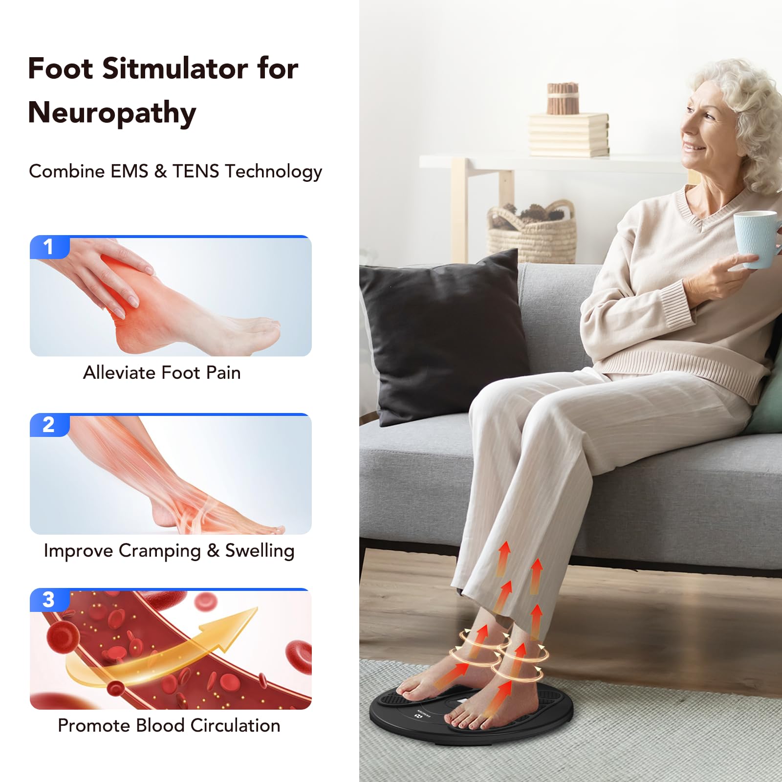 EaseZen tens-ems-therapy-setup provides versatile modes for targeted foot care.