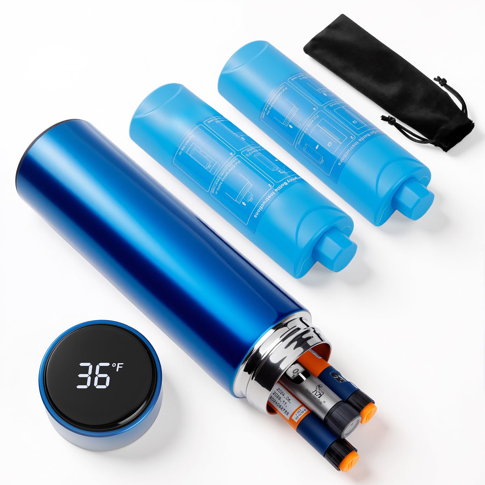 Easifeel insulin cooler case cap display shows real-time temperature for easy monitoring.