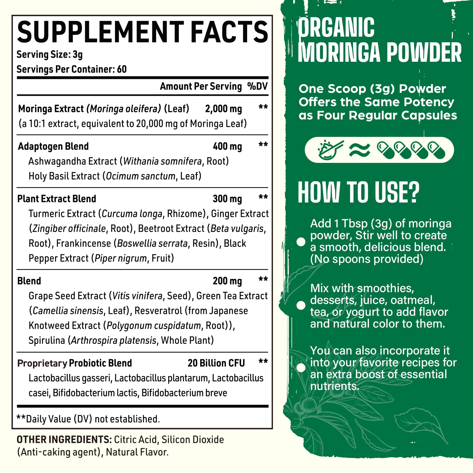 Easinloty Moringa Powder jar and scoop showing convenient 3 g serving size