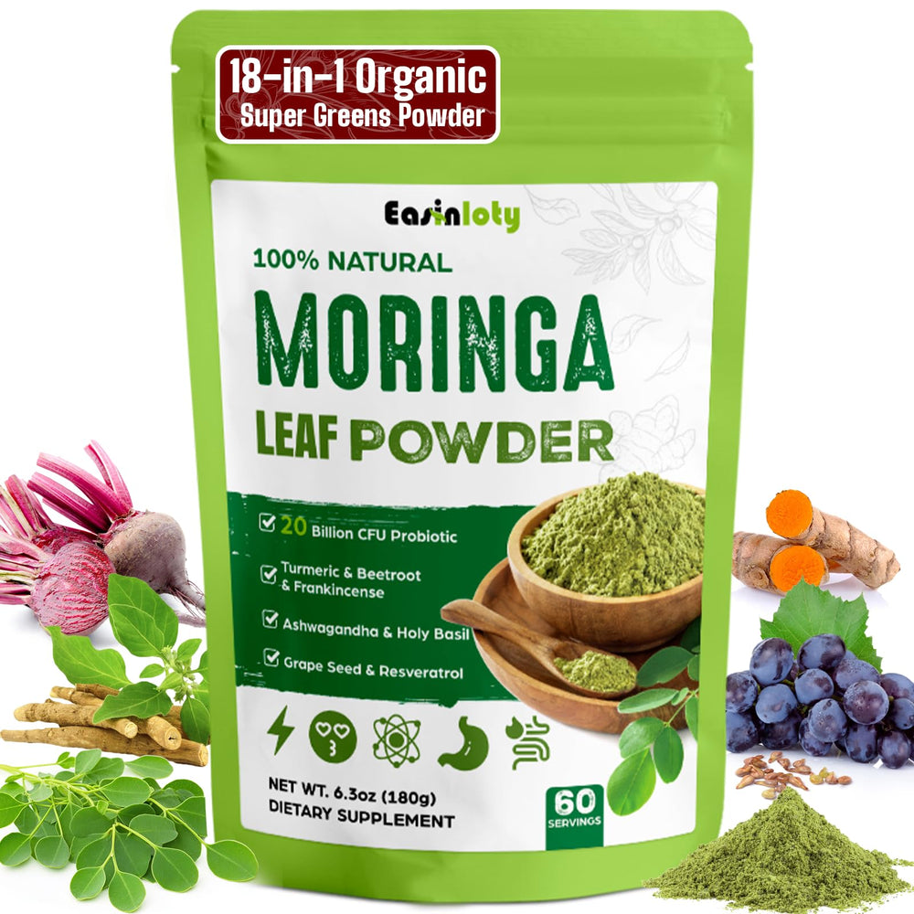 Easinloty Moringa Powder organic bottle close-up highlighting premium green superfood for daily energy
