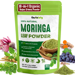 Easinloty Moringa Powder organic bottle close-up highlighting premium green superfood for daily energy