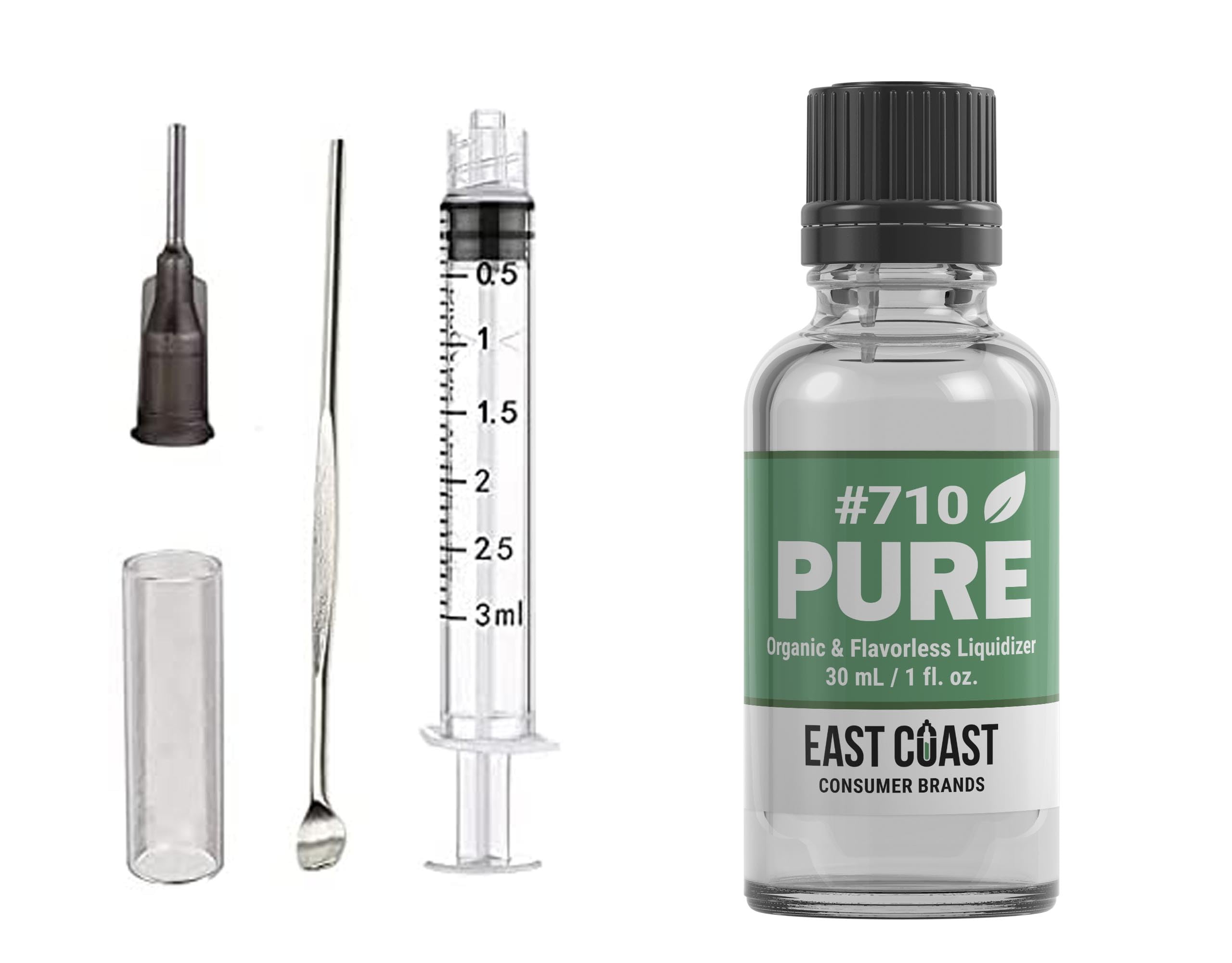 East Coast Terpenes 710 Pure Flavorless Liquidizer bottle pour aids odorless mixing.