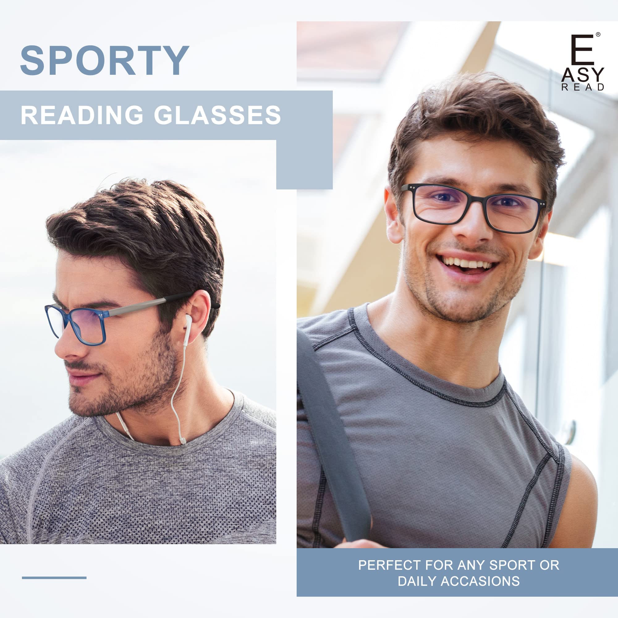 Easy Read 2-Pack sporty glasses side view demonstrates adjustable temples for comfy fit.