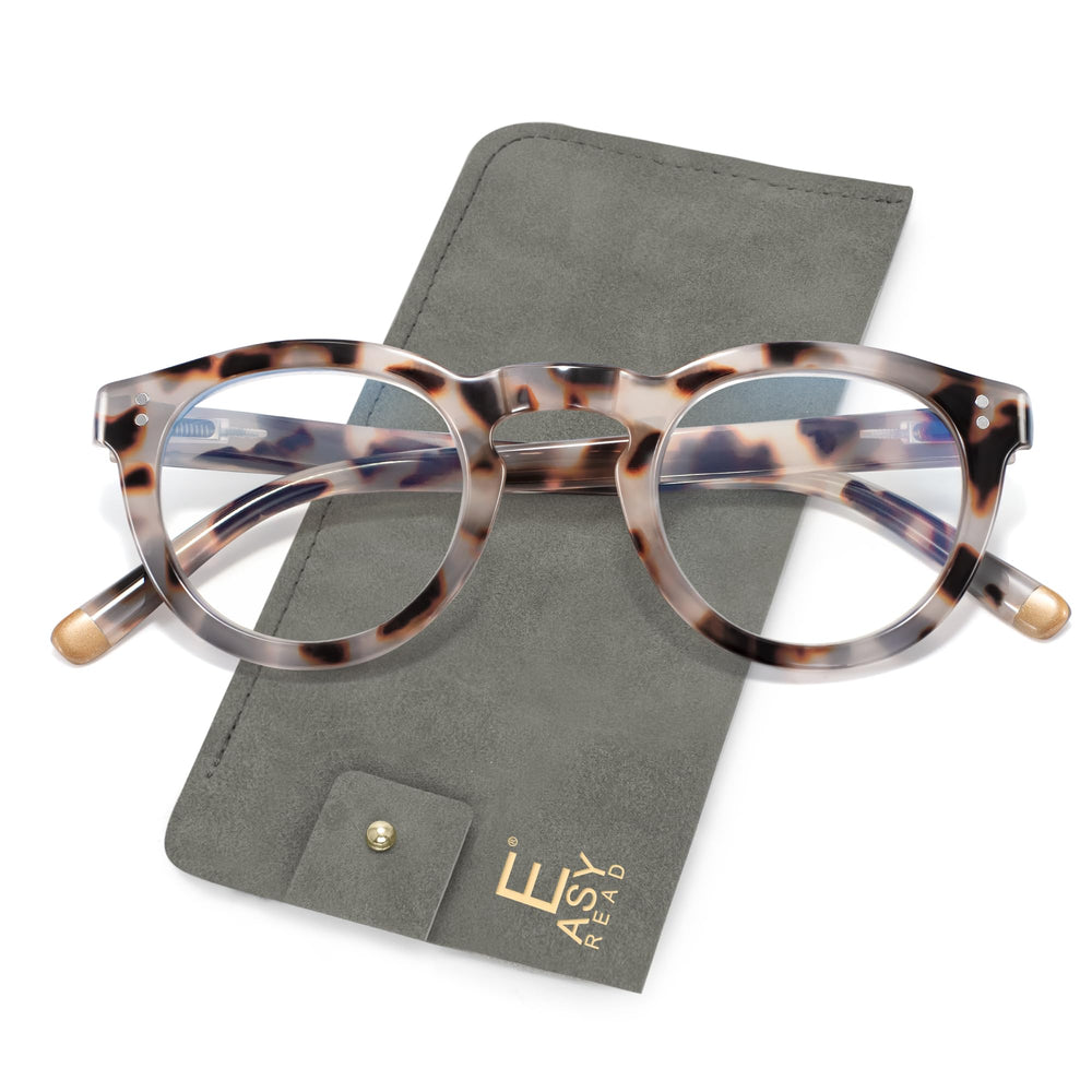 Easy Read retro round glasses for women with blue light blocking lenses and grey demi finish.