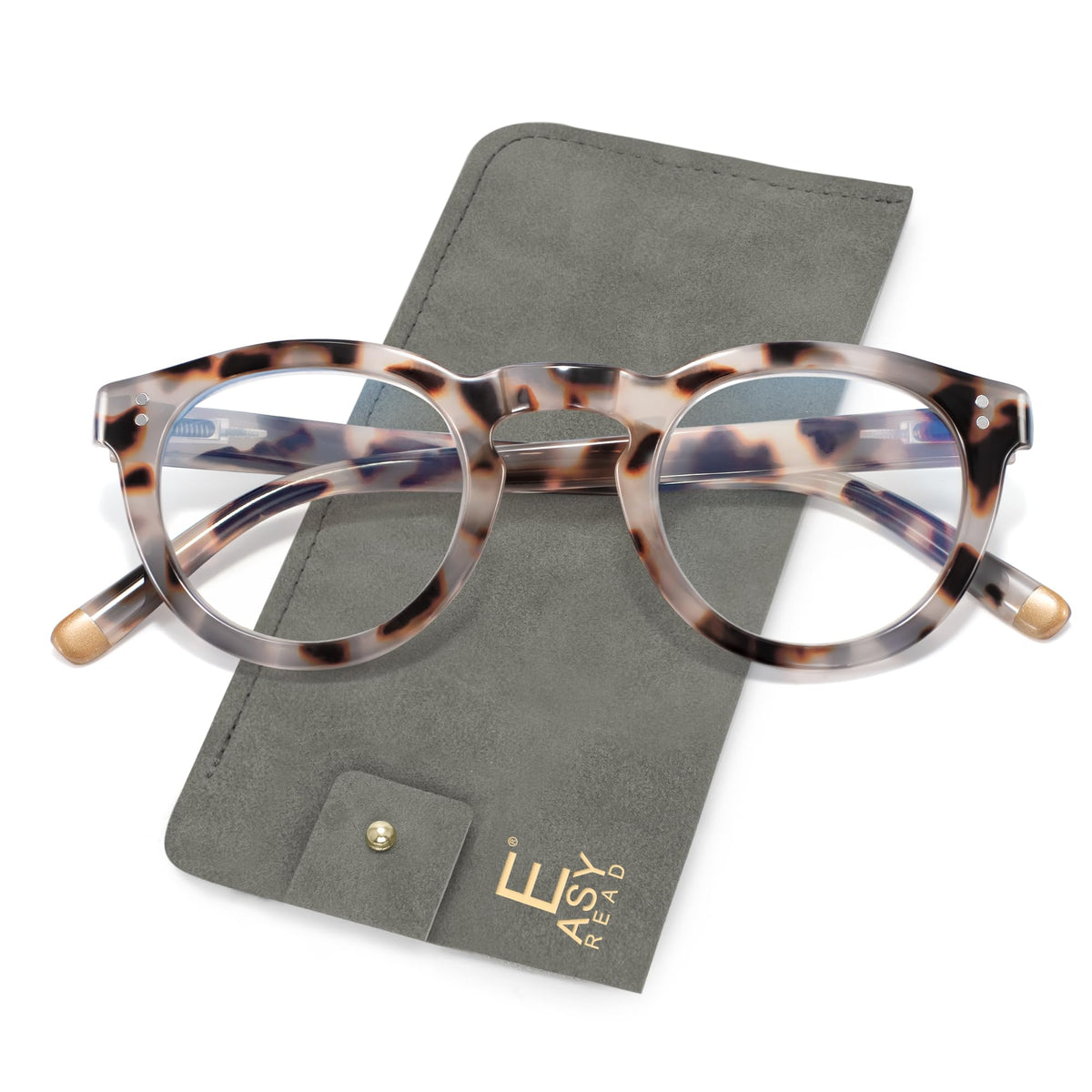Easy Read retro round glasses for women with blue light blocking lenses and grey demi finish.