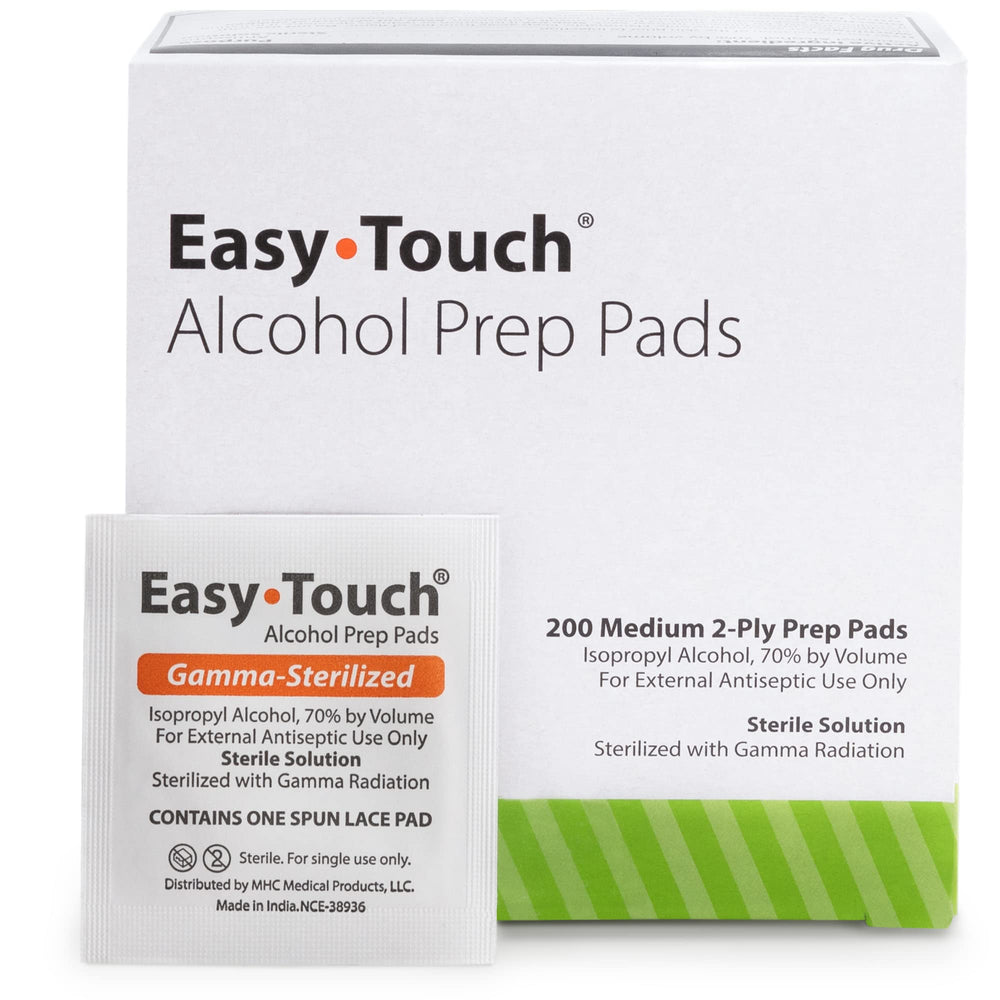 Easy Touch gamma-sterilized alcohol pads in a 200-count box for convenient use.