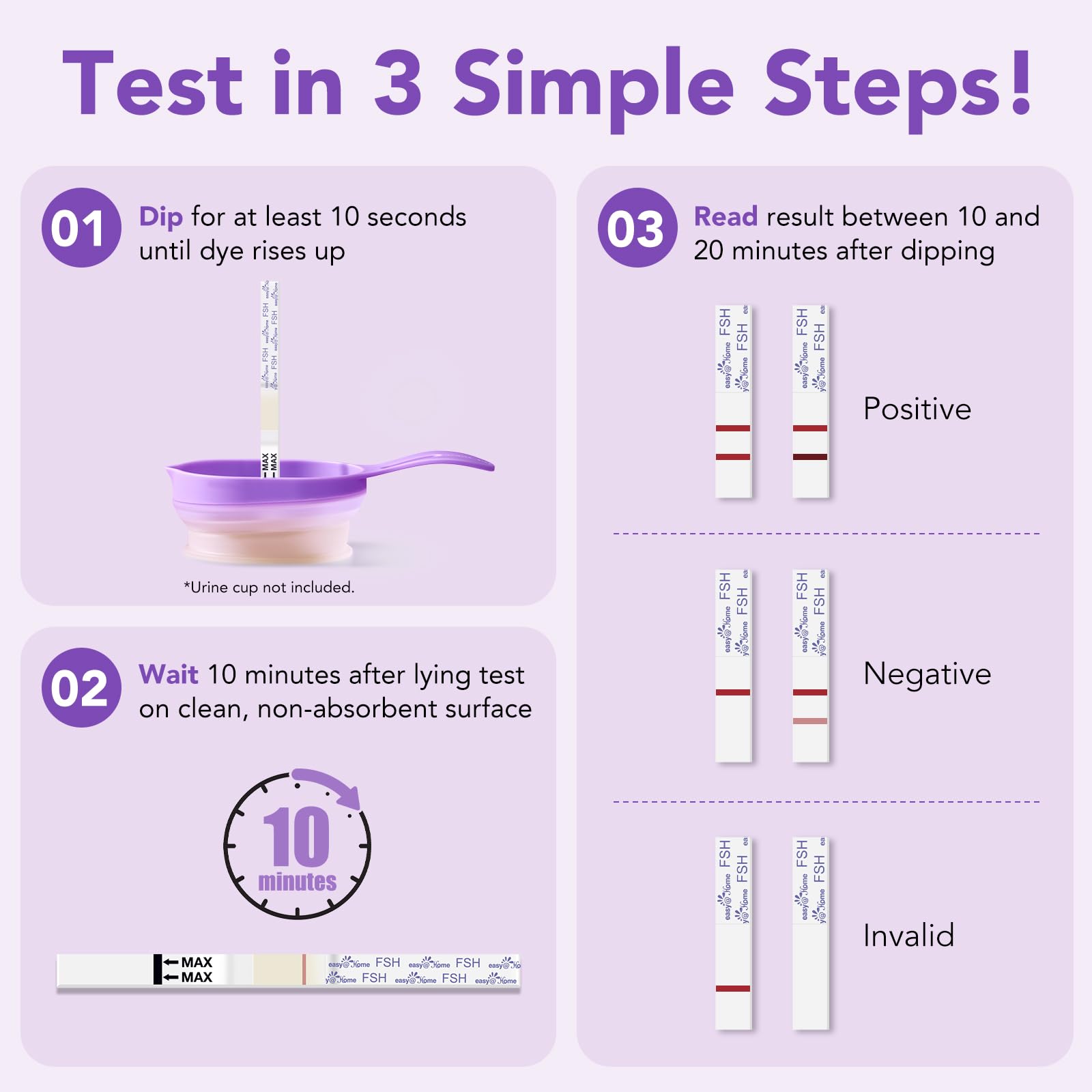 Easy@Home FSH test strip result being read visually for a qualitative reading at home.