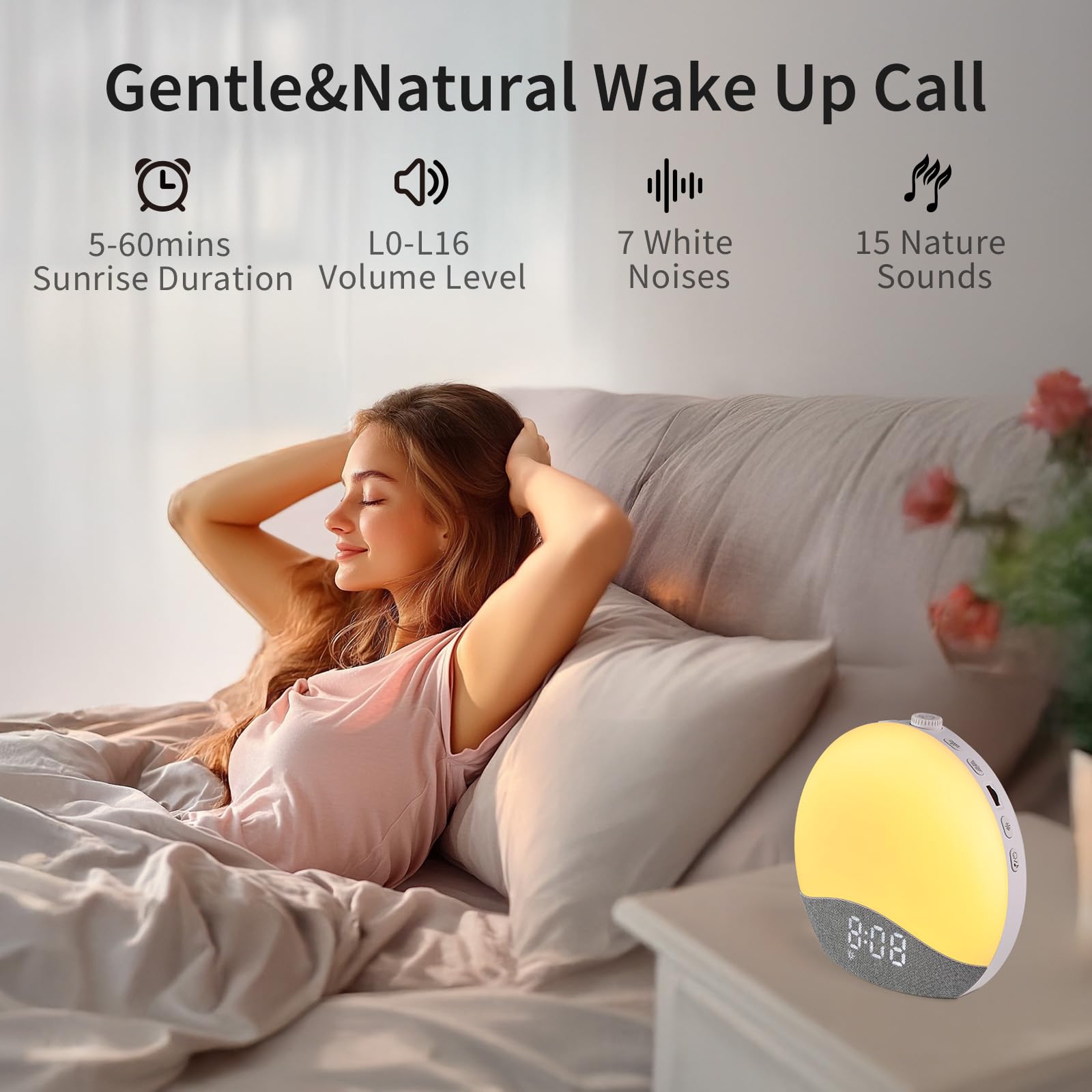 EasyERA Sunrise Alarm Clock night light with 17 colors for cozy evenings.