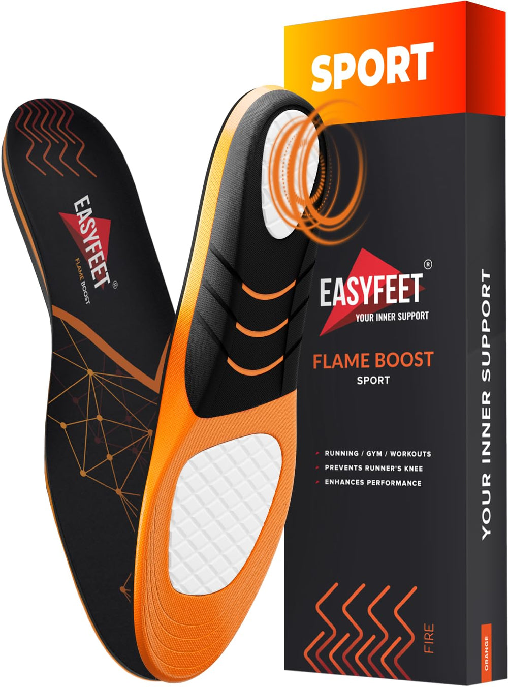 EasyFEET Flame Boost arch-support insoles improve running comfort.