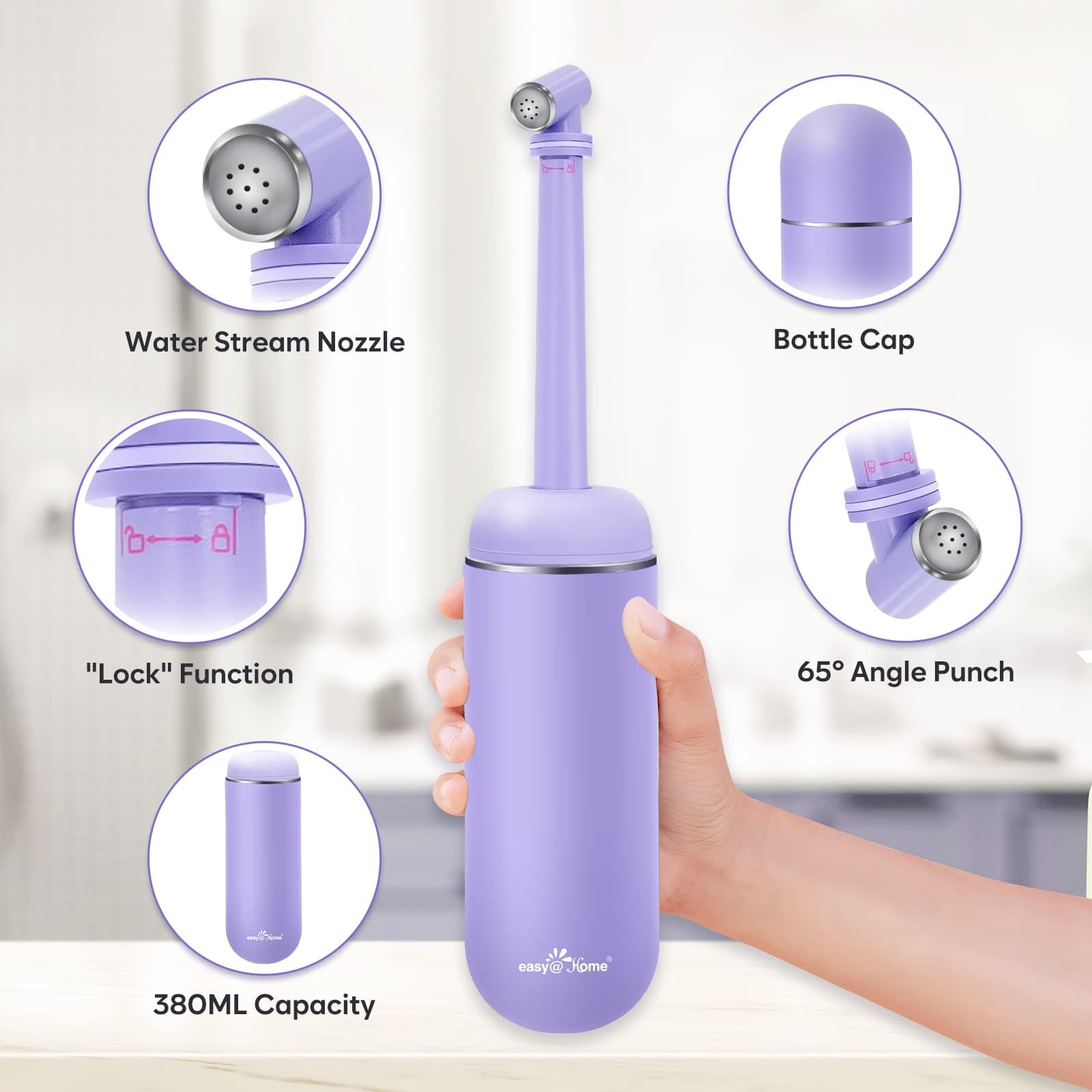 Compact and lightweight peri bottle fits easily in a travel bag.