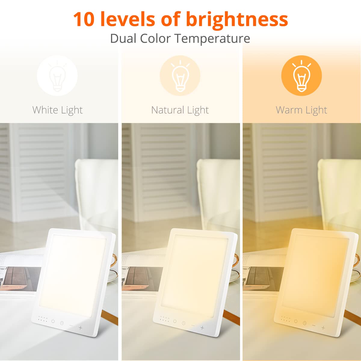 EasyHome Light Therapy Lamp close-up reveals 10 brightness levels for precise comfort.