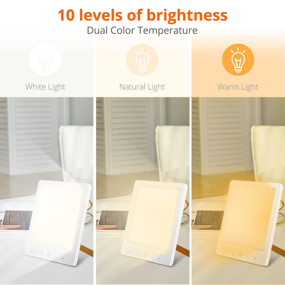 EasyHome Light Therapy Lamp close-up reveals 10 brightness levels for precise comfort.