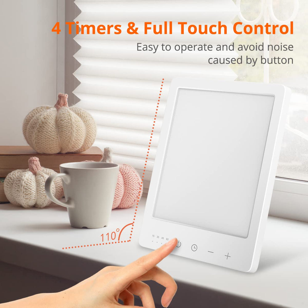 EasyHome Light Therapy Lamp timer panel displays 15/30/45/60 minute presets.