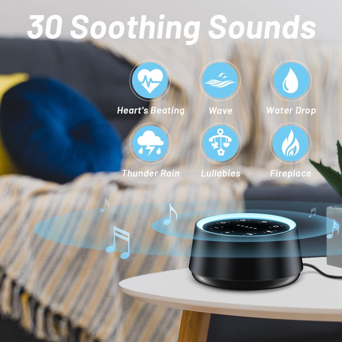 EasyHome interface shows 30 soothing sounds for easy selection